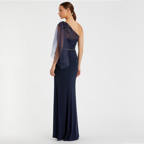 NWT Mac Duggal Embellished One Shoulder Draped Gown 6 Navy #8144 - Picture 5 of 9